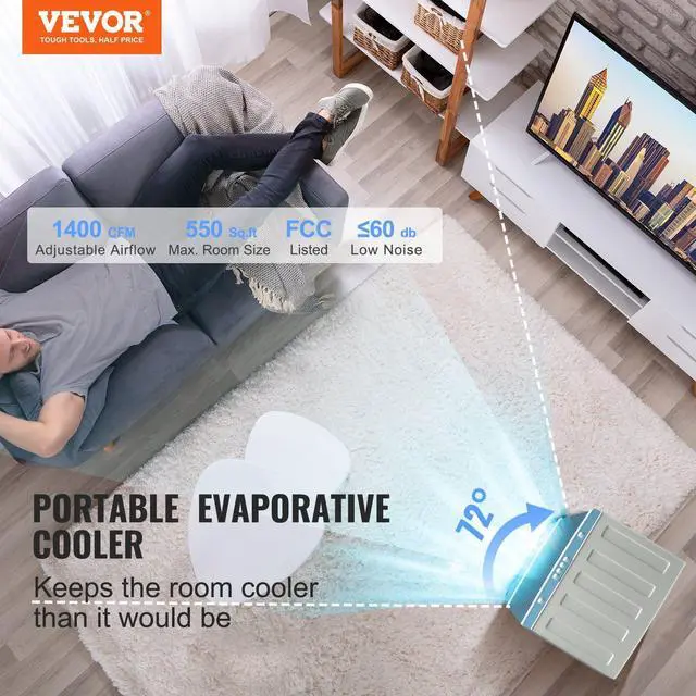 Alt view image 5 of 6 - VEVOR Evaporative Air Cooler, 1400 CFM, 84 Oscillating Swamp Cooler with 3 Speeds Adjustable Control, 5 Gal Portable Air Cooler for 550 Sq.ft, Indoor/Outdoor Use, FCC Listed