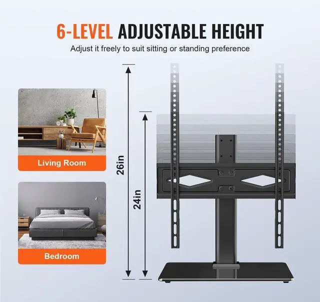 Alt view image 5 of 5 - VEVOR TV Stand Mount, Swivel Universal TV Stand for 32 to 55 inch TVs, Height Adjustable Portable Floor TV Stand with Tempered Glass Base for Bedroom, Living Room