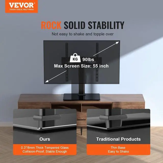 Alt view image 4 of 5 - VEVOR TV Stand Mount, Swivel Universal TV Stand for 32 to 55 inch TVs, Height Adjustable Portable Floor TV Stand with Tempered Glass Base for Bedroom, Living Room