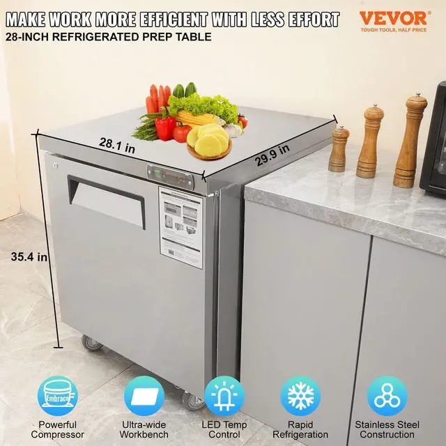 Alt view image 2 of 10 - Vevor Commercial Refrigerator, 28" Undercounter Worktop Refrigerator, 7.4 Cu. Ft Thick Stainless Steel Refrigerated Food Prep Station Fan Cooling Single Door Worktop Fridge With Lock For Bar