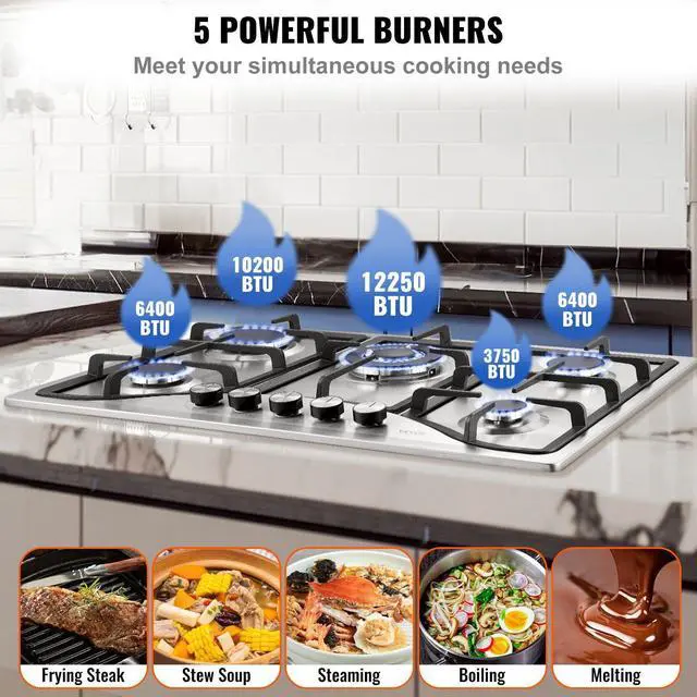 Alt view image 5 of 5 - VEVOR Gas Cooktop 30 inch  Max 12250BTU 5 Burners Built-in Stainless Steel Gas Stove Top  LPG/NG Convertible Dual Fuel Natural Gas Hob with Thermocouple Protection for Outdoor Kitchen  Camping  RV