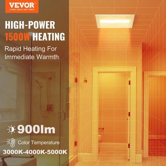 Alt view image 9 of 17 - VEVOR Bathroom Exhaust Fan, 1500W Heating, 110 CFM High-Efficiency Ventilation, 1.5sones Low Noise Operation, Energy-Saving Bathroom Ceiling Fan, Need For Attic Access, For Various Ceilings