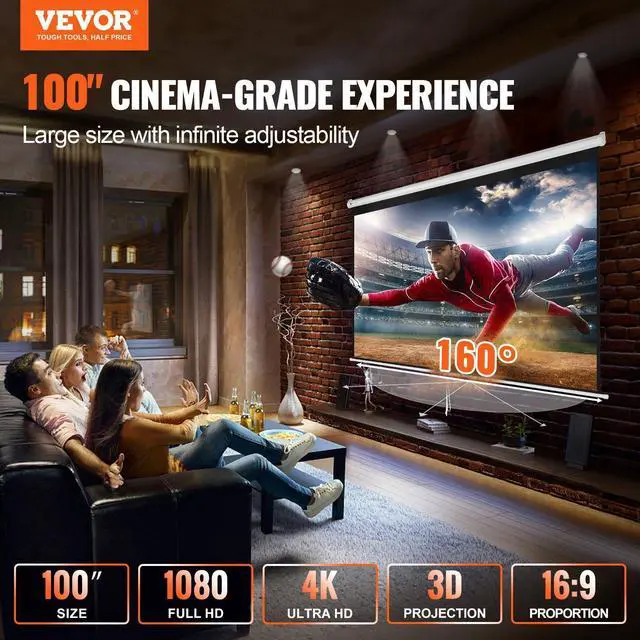 Alt view image 3 of 4 - VEVOR Manual Projector Screen, 100 inch 16:9 4K 1080 HD Retractable Pull Down Projector Screen, Auto-Locking Portable Movie Screen for Family Home Office Theater