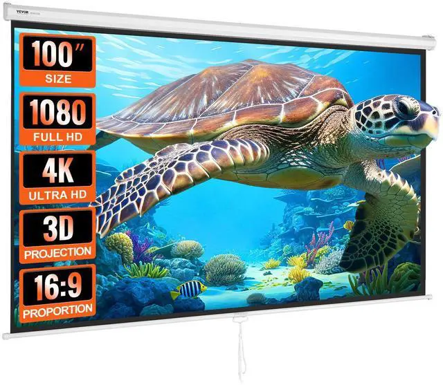 Alt view image 2 of 4 - VEVOR Manual Projector Screen, 100 inch 16:9 4K 1080 HD Retractable Pull Down Projector Screen, Auto-Locking Portable Movie Screen for Family Home Office Theater