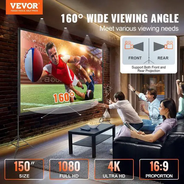 Alt view image 4 of 12 - VEVOR Projector Screen with Stand, 150 inch 16:9 4K 1080 HD Outdoor Movie Screen with Stand, Wrinkle-Free Projection Screen with Tripods and Carry Bag, for Home Theater Cinema Backyard Movie Night