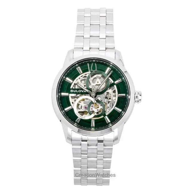 Alt view image 5 of 5 - Bulova Sutton Stainless Steel Green Skeleton Automatic 96A329 Men's Watch