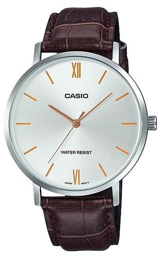 Alt view image 3 of 3 - Casio Mens Silver Analog Watch with Orange Accents and Brown Leather Strap - MTP-VT01L-7B2