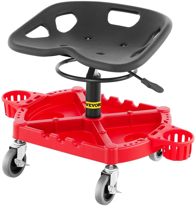 Alt view image 10 of 10 - VEVOR Rolling Garage Stool, 300LBS Capacity, Adjustable Height from 18 in to 23 in, 360-degree Swivel Wheels (4"), Large Tool Tray with Two Bottle Holder, for Workshop, Auto Repair Shop, Red