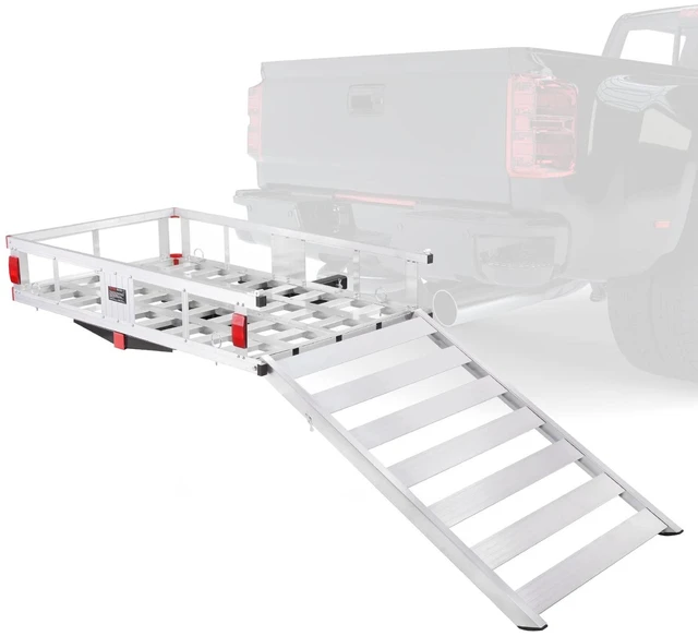Alt view image 16 of 16 - VEVOR 47 x 28 x 6in Hitch Cargo Carrier, 500lb Capacity Trailer Hitch Mount Aluminum Cargo Basket with Folding Ramp, Luggage Carrier Rack Fits 2" Hitch Receiver for SUV Truck Pickup Camping