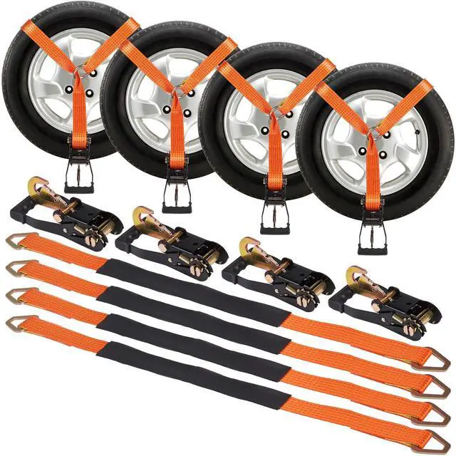Alt view image 9 of 9 - VEVOR Ratchet Tie Down Straps Kit, 2" x 120" Tire Straps, 5512 LBS Working Load, 11023 LBS Breaking Strength, Car Tie Down Straps with Snap Hooks for Passenger Car, Truck, Trailer, 4-Pack