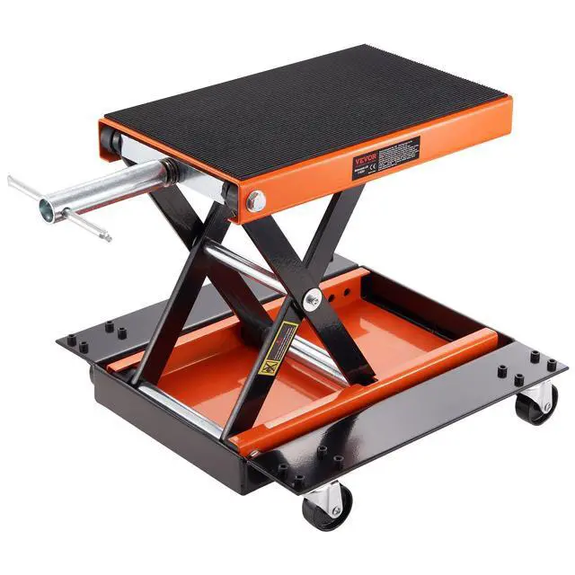 Alt view image 15 of 15 - VEVOR Motorcycle Lift, 1100 LBS Motorcycle Lift ATV Scissor Lift Jack with Dolly & Hand Crank, Center Hoist Crank Stand with Wide Deck & Tool Tray for Street Bikes, Cruiser Bikes, Touring Motorcycles