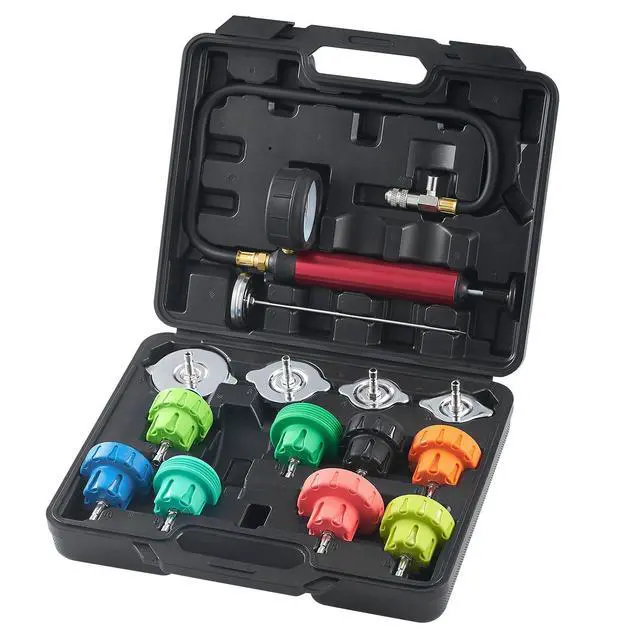 Alt view image 8 of 8 - 14 pcs Universal Radiator Pressure Tester Kit, Coolant Pressure Tester Kit with Manual Pump and Color-coded Steel Test Cap Adapters, with Toolbox, For Cars Motorcycles Trucks Cooling System