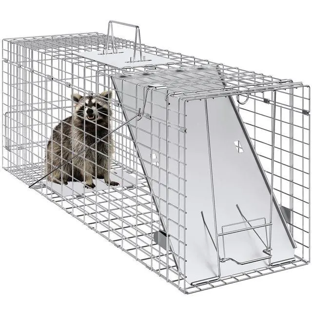 Alt view image 8 of 8 - Live Animal Cage Trap, 31" x 10" x 12" Humane Cat Trap Galvanized Iron, Folding Animal Trap with Handle for Rabbits, Stray Cats, Squirrels, Raccoons, Groundhogs and Opossums