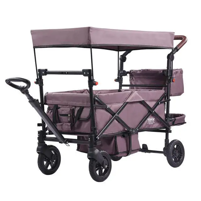 Alt view image 9 of 9 - VEVOR Wagon Stroller for 2 Kids, Push Pull Quad Collapsible Stroller with Adjustable Handle, Encircling Harness Removable Canopy,4 Wheels w/ Brakes,Mutifunction Tandem Stroller for Camping Dark Purple