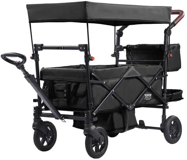 Alt view image 9 of 9 - VEVOR Wagon Stroller for 2 Kids, Push Pull Quad Collapsible Stroller with Adjustable Handle, Encircling Harness Removable Canopy, 4 Wheels with Brakes, Mutifunction Tandem Stroller for Camping Black