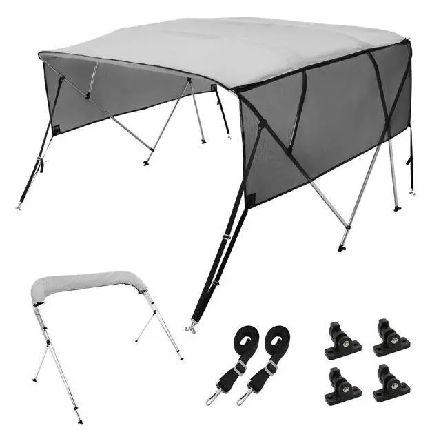 Alt view image 8 of 8 - VEVOR 4 Bow Bimini Top Boat Cover, Detachable Mesh Sidewalls, 600D Polyester Canopy with 1" Aluminum Alloy Frame, Includes Storage Boot, 2 Straps, 2 Support Poles, 8'L x 54"H x 91"-96"W, Light Grey