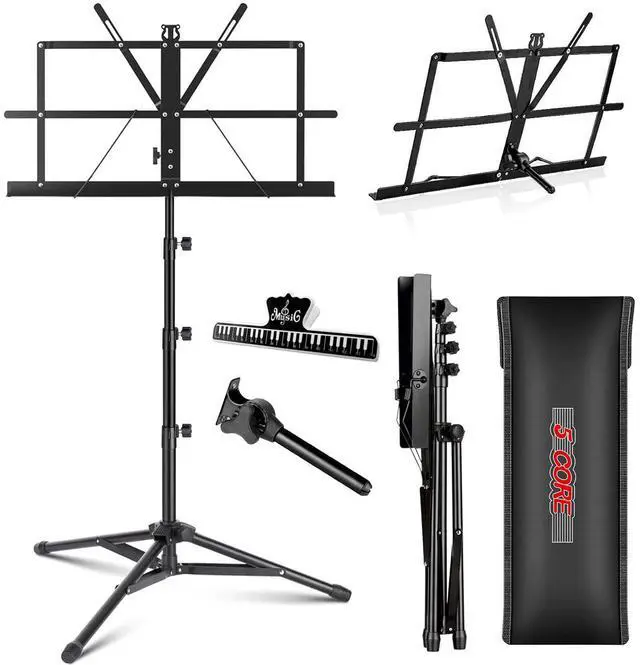 Main image of 5 Core Music Stand For Sheet Music Portable Tripod Adjustable Folding Note Holder - Black