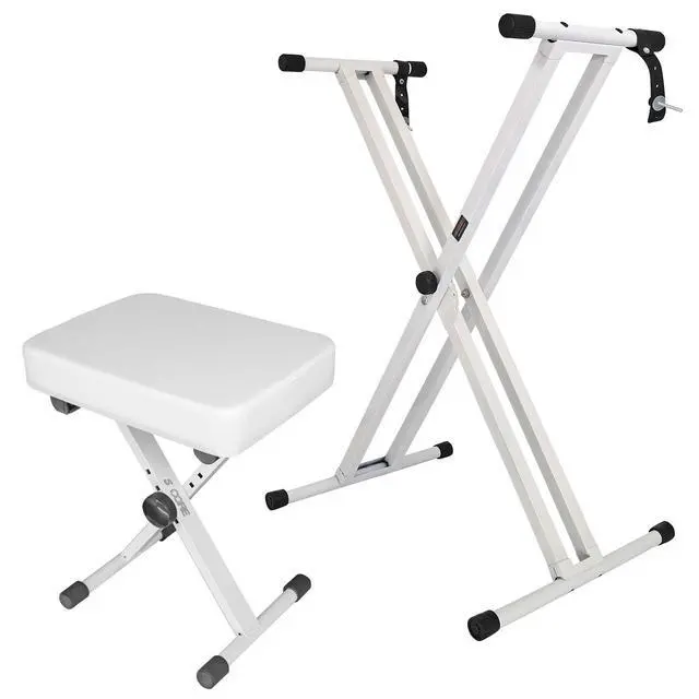 Alt view image 8 of 8 - 5 Core Keyboard Stand Double X Style Adjustable Piano Riser + Keyboard Piano Bench WHITE