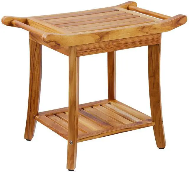 Alt view image 8 of 8 - Teak Shower Bench, 22 x 14.4 x 18.5 in, Waterproof Wood Shower Stool with Storage Shelf Handle Non-Slip Feet, 300 lbs Maximum Load Capacity Shower Chair Seat, for Bathroom Indoor and Outdoor Use