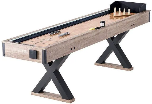 Alt view image 8 of 8 - Shuffleboard Table, 9 ft LED Light Up Shuffleboard for Family Game Room, 2 in 1 Shuffleboard and Bowling Combo Game Set, with Scratch-Resistant Playfield, Legs, 8 Pucks, Bowling Set, Wax, Brush