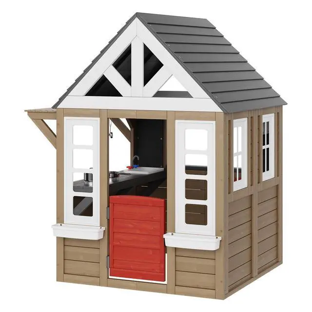 Alt view image 15 of 15 - Outdoor Wooden Playhouse, Modern Cedar Playhouse for Age 2-10 Years Kids, Garden Games Cottage, Country Style Cedar Playhouse with Working Door, Window, Flower Pot Holder, Grill, Stove, and Sink