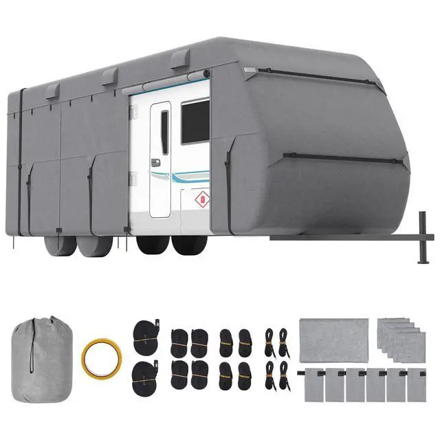 Alt view image 10 of 10 - Travel Trailer Cover, 30-33 ft RV Cover, 4-Layer Non-Woven Fabric Camper Cover, Waterproof, Windproof and Rip-Stop Class A RV Cover, with Storage Bag, Repair Patches, Straps and Tire Covers