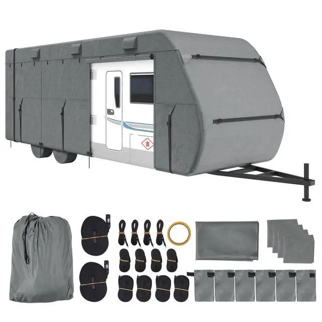 Alt view image 15 of 15 - Travel Trailer Cover, 28-31 ft RV Cover, Top 300D Oxford Fabric Camper Cover, Waterproof, Windproof and Rip-Stop Class A RV Cover, with Storage Bag, Repair Patches, Straps and Tire Covers