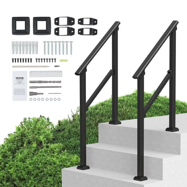 Alt view image 8 of 8 - Handrails for Outdoor Steps, 2 PCS 2-3 Step Stair Hand Rail Kit, Transitional Carbon Steel Railings with Installation Kit, Stair Rails for Seniors, Concrete & Porch & Deck, Black Square Tube