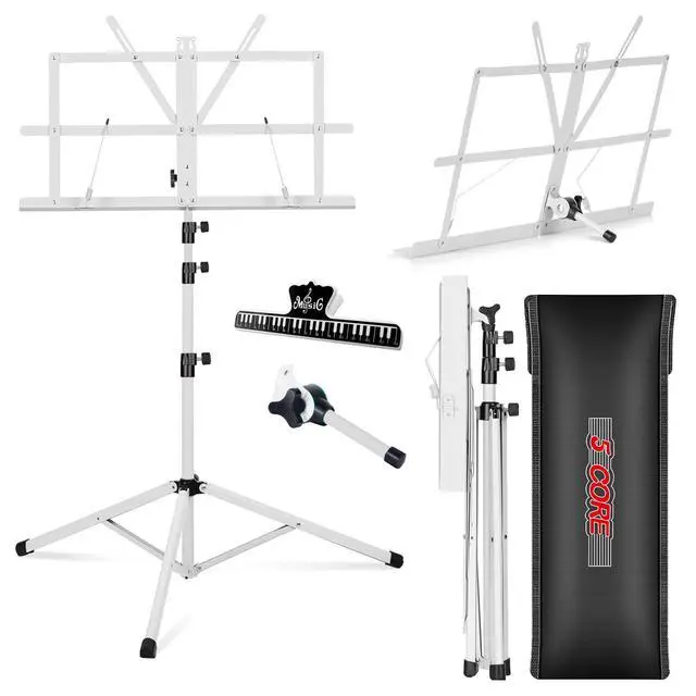 Alt view image 8 of 8 - 5 Core Music Stand For Sheet Music Portable Tripod Adjustable Folding Note Holder Higher White