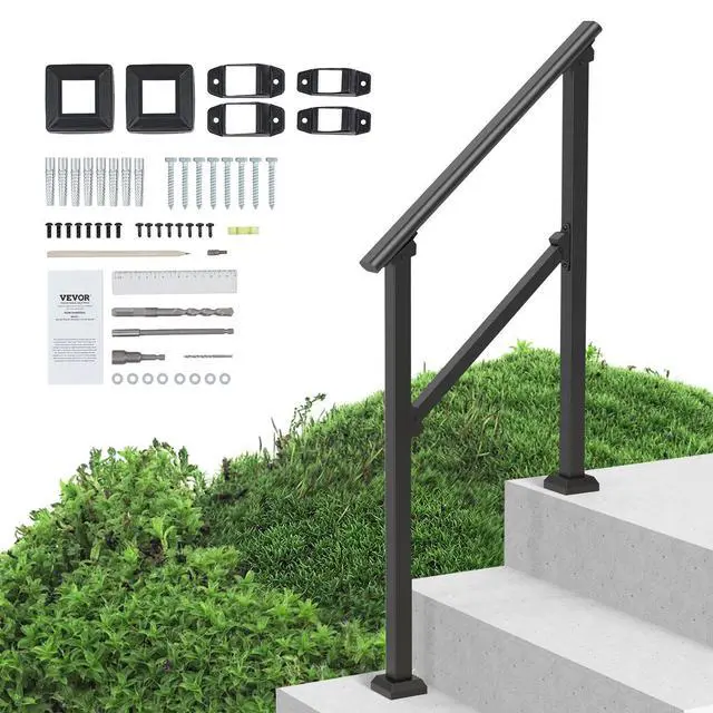 Alt view image 8 of 8 - Handrails for Outdoor Steps, 2-3 Step Stair Hand Rail Kit, Transitional Carbon Steel Railings with Installation Kit, Stair Rails for Seniors, Concrete Steps & Porch & Deck, Black Square Tube