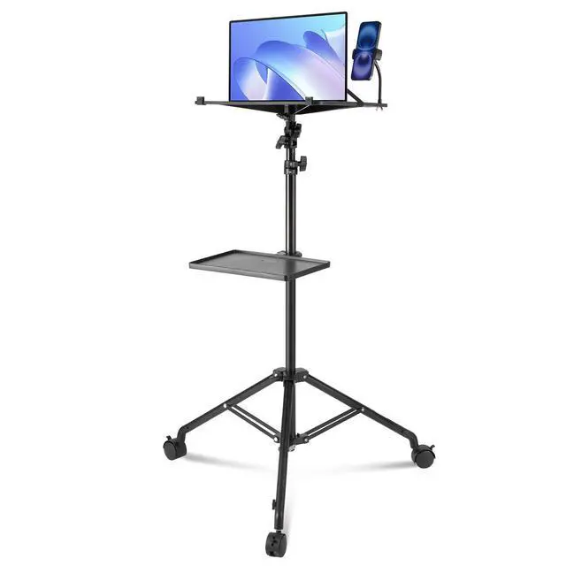 Alt view image 8 of 8 - Projector Stand with Wheels, Laptop Stand Tripod Adjustable Height from 31.3 to 67.3", Projector Tripod Stand with 2 Trays & Gooseneck Phone Holder, for Outdoor Movies, Home, Office or Studio