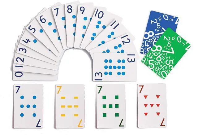 Main image of edxeducation School Friendly Playing Cards - In Home Learning Game - Set of 8 Decks - 448 Cards - Multicolored Patterned Cards Numbered 0-13 - Teach Counting and Probability