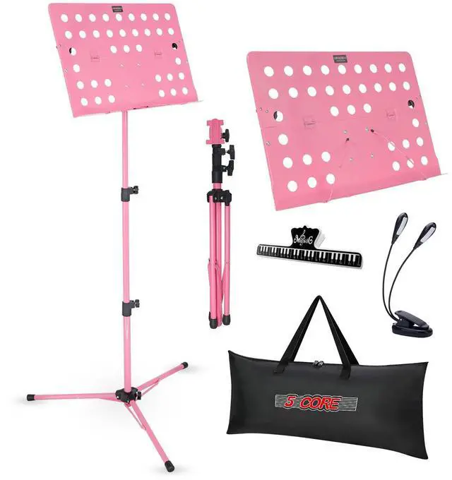 Main image of 5 Core MUS FLD HD ACC PNK Music Stand For Sheet Music Height Adjustable Portable Folding with Light Clip for Guitar Players Violinists Cellists Pianists - Pink