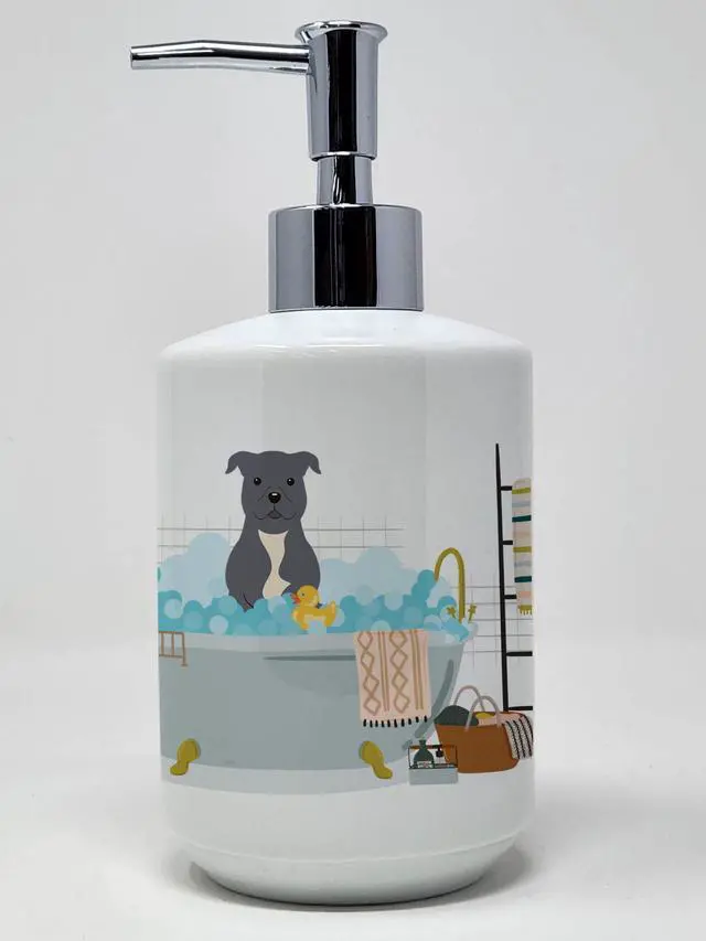 Main image of NEW Blue Staffordshire Bull Terrier in Bathtub Ceramic Soap Dispenser Hand Soap Dispenser Pump Bottles for Bathroom Kitchen, Empty Refillable Liquid Soap Container