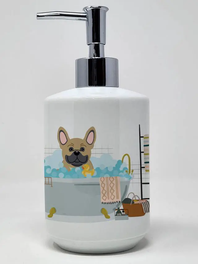 Main image of Cream French Bulldog in Bathtub Ceramic Soap Dispenser Hand Soap Dispenser Pump Bottles for Bathroom Kitchen, Empty Refillable Liquid Soap Container