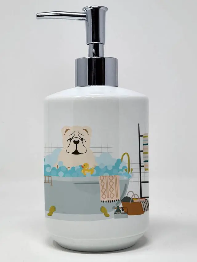 Main image of White English Bulldog in Bathtub Ceramic Soap Dispenser Hand Soap Dispenser Pump Bottles for Bathroom Kitchen, Empty Refillable Liquid Soap Container