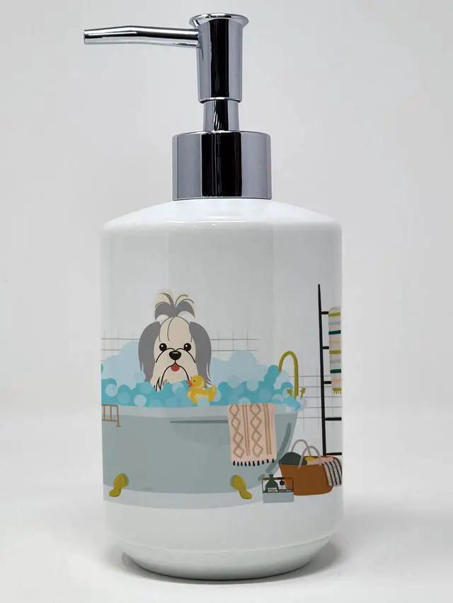 Main image of Silver White Shih Tzu in Bathtub Ceramic Soap Dispenser Hand Soap Dispenser Pump Bottles for Bathroom Kitchen, Empty Refillable Liquid Soap Container