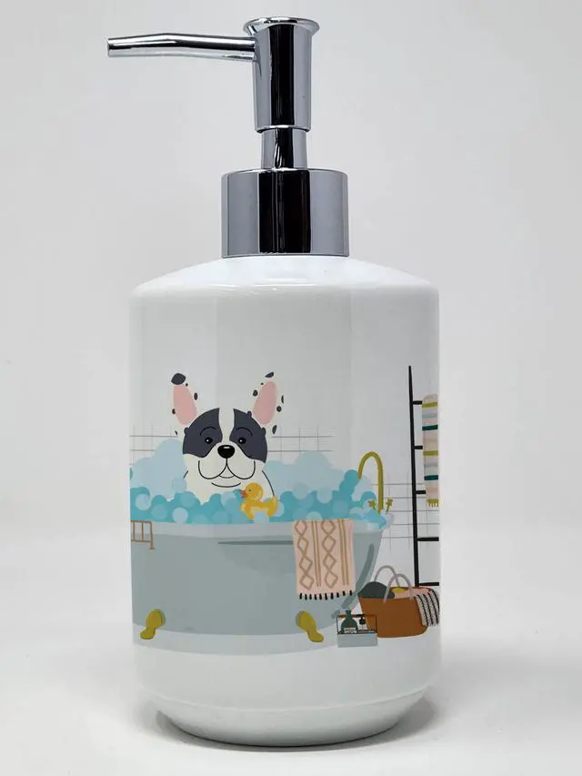 Main image of Piebald French Bulldog in Bathtub Ceramic Soap Dispenser Hand Soap Dispenser Pump Bottles for Bathroom Kitchen, Empty Refillable Liquid Soap Container