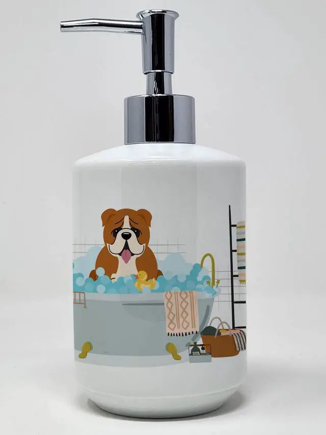 Main image of Red White English Bulldog in Bathtub Ceramic Soap Dispenser Hand Soap Dispenser Pump Bottles for Bathroom Kitchen, Empty Refillable Liquid Soap Container