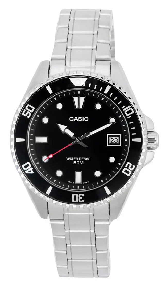 Alt view image 5 of 5 - Casio Analog Stainless Steel Black Dial Quartz Date MDV-10D-1A1 50M Mens Watch