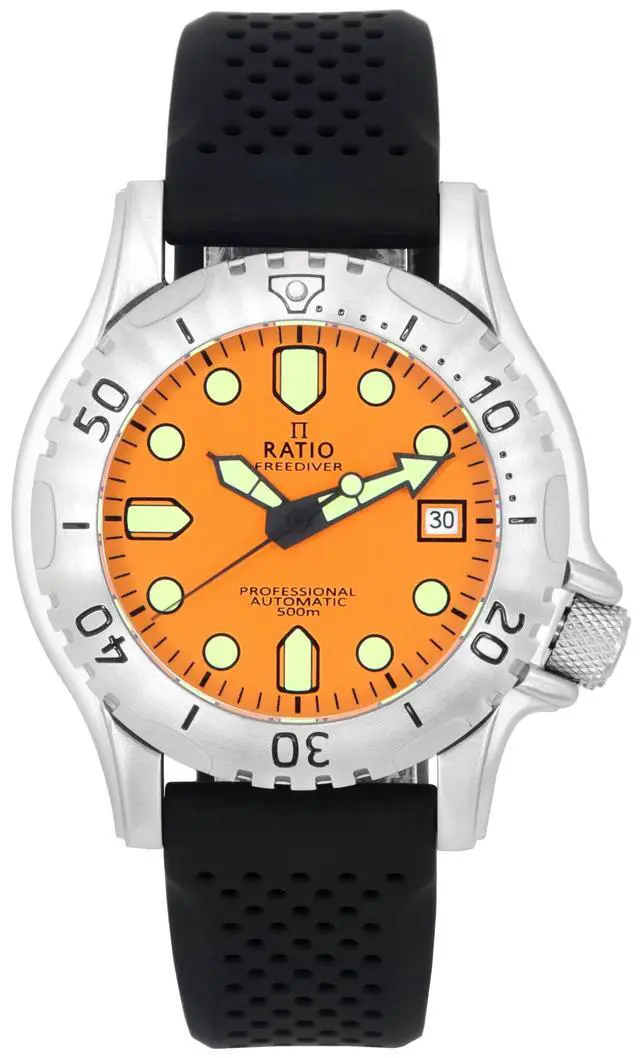 Alt view image 8 of 8 - RATIO FreeDiver Professional Sapphire Crystal Orange Dial Automatic 21 Jewels RTF017 500M Mens Watch