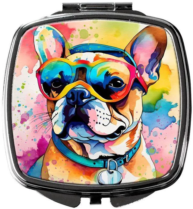 Main image of French Bulldog Hippie Dawg Compact Mirror Decorative Travel Makeup Mirror for Women Girls Gifts Pocket Makeup Mirror Folding Handheld