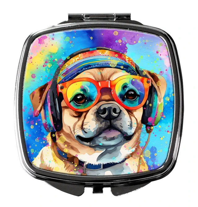 Main image of Pug Hippie Dawg Compact Mirror Decorative Travel Makeup Mirror for Women Girls Gifts Pocket Makeup Mirror Folding Handheld
