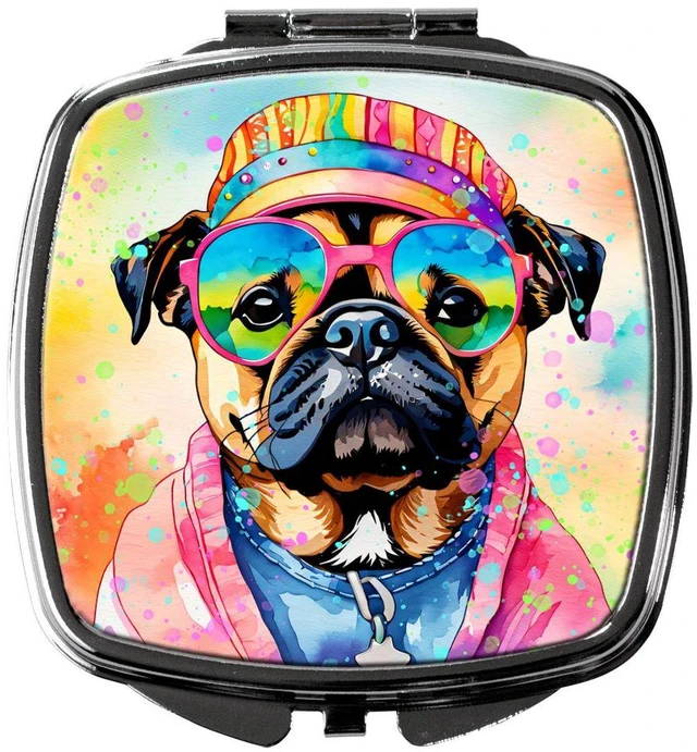Main image of Pug Hippie Dawg Compact Mirror Decorative Travel Makeup Mirror for Women Girls Gifts Pocket Makeup Mirror Folding Handheld
