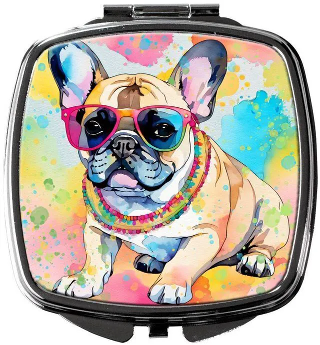 Main image of French Bulldog Hippie Dawg Compact Mirror Decorative Travel Makeup Mirror for Women Girls Gifts Pocket Makeup Mirror Folding Handheld