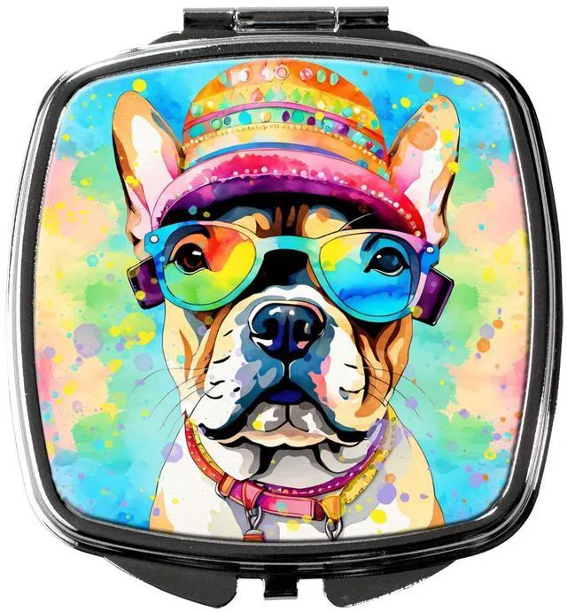 Main image of French Bulldog Hippie Dawg Compact Mirror Decorative Travel Makeup Mirror for Women Girls Gifts Pocket Makeup Mirror Folding Handheld