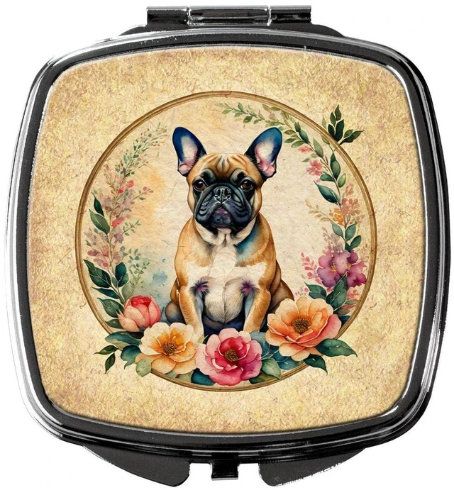 Main image of Fawn French Bulldog and Flowers Compact Mirror Decorative Travel Makeup Mirror for Women Girls Gifts Pocket Makeup Mirror Folding Handheld