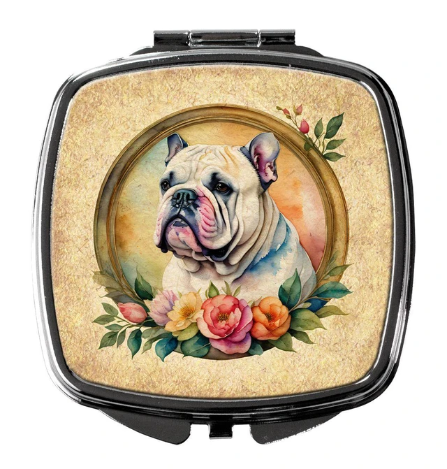 Main image of English Bulldog and Flowers Compact Mirror Decorative Travel Makeup Mirror for Women Girls Gifts Pocket Makeup Mirror Folding Handheld