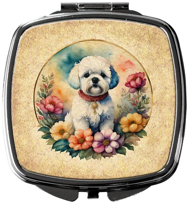 Main image of Bichon Frise and Flowers Compact Mirror Decorative Travel Makeup Mirror for Women Girls Gifts Pocket Makeup Mirror Folding Handheld