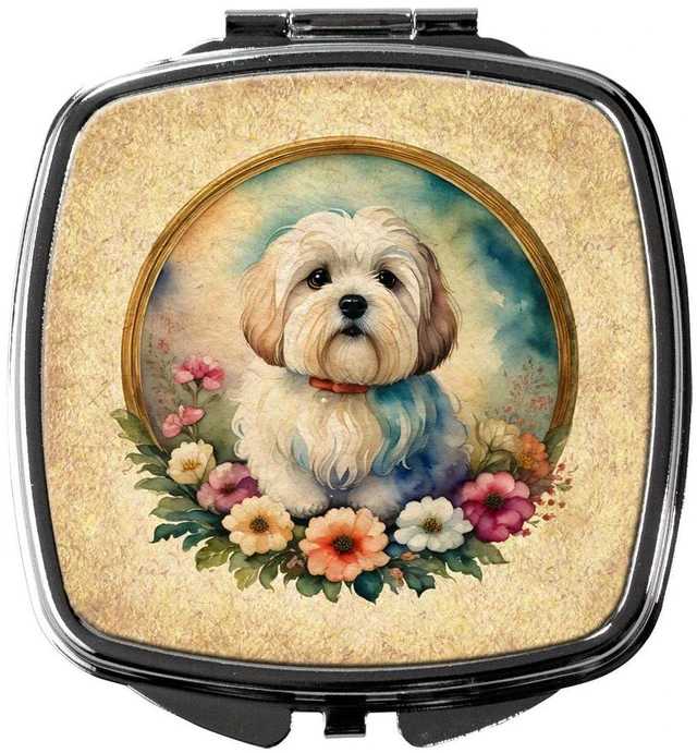 Main image of Coton De Tulear and Flowers Compact Mirror Decorative Travel Makeup Mirror for Women Girls Gifts Pocket Makeup Mirror Folding Handheld